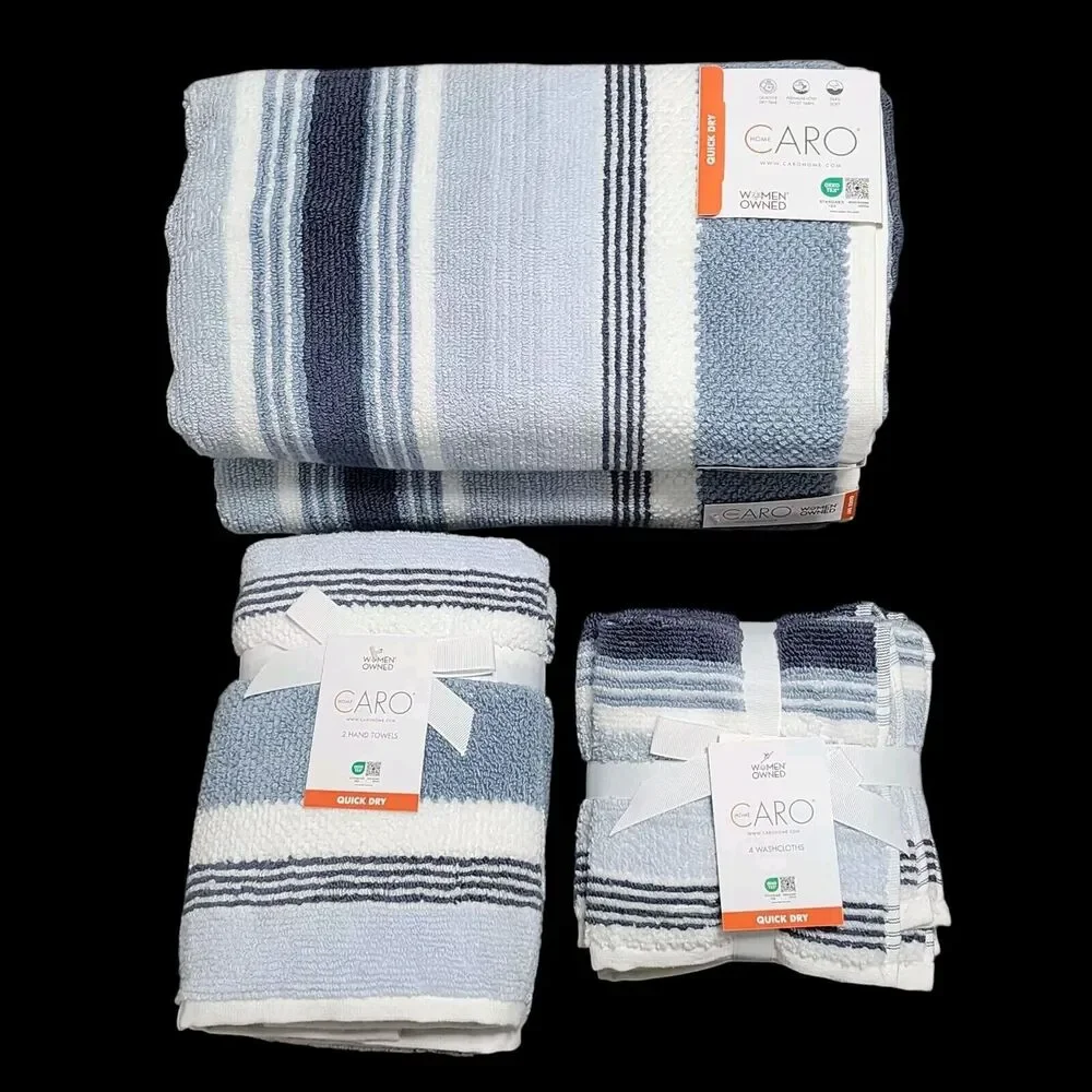 Caro Home 8pc Blue And‎ White Striped Cotton Towel Set 2 Bath 2 Hand 4 Tip NEW